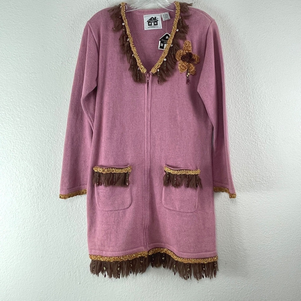 Storybook Knits Zip Front Cardigan Sweater Small Pink Brown Gold Dazzling Fancy